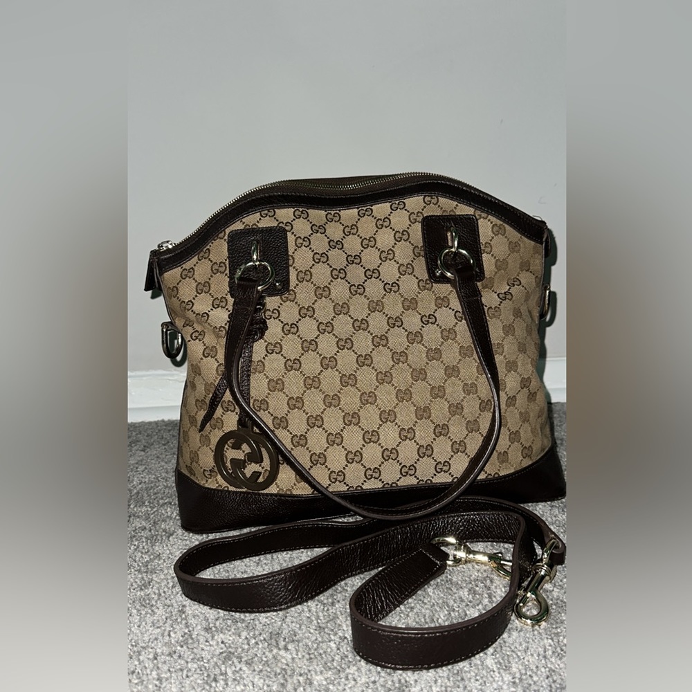 Gucci Charm Convertible Dome Satchel GG Canvas with Leather Medium